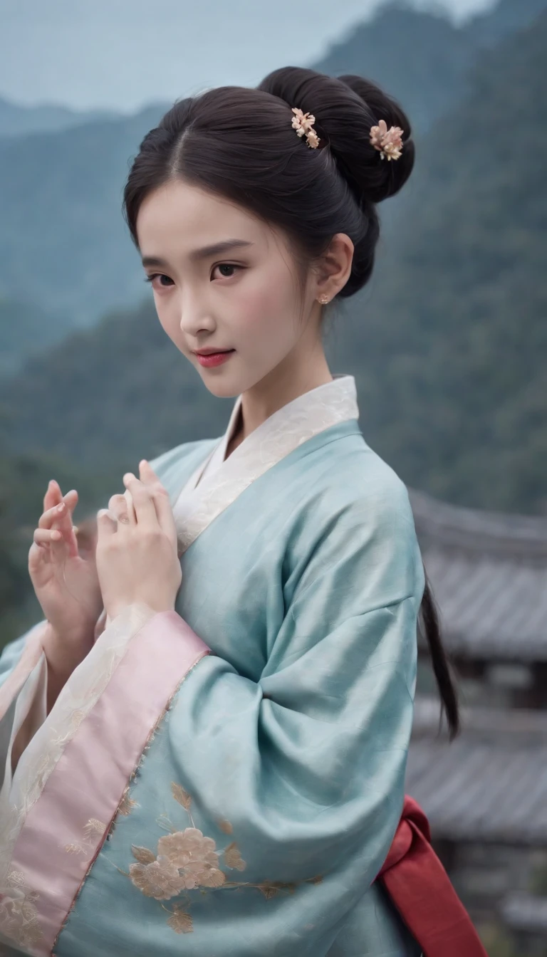 1girll, Moon, hair adornments, full moon, Cloud, sky,Night, Chinese clothes, Solo, Smile, Wide sleeves, Night sky, Long sleeves, flower, hug, hair flower, petals, child, Blush, parted lip, Black hair, Rabbit, Cloudy sky, forehead mark, Black eyes, face markings, updo, Artist name, Animal hugs, Hanfu, hair-bun, , Holding, Outdoors, Short hair, sleeves past wrists