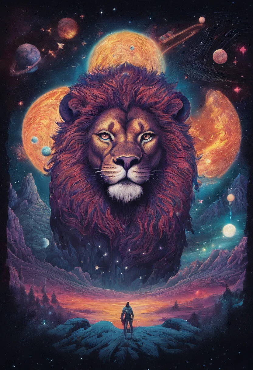 cinematic photo Embroidery of a presumption, evil lion, equirectangular 360, king of the forest, art by Michael Hutter. 35mm photography, Film, Bokeh, professional, 4k, highly detailed