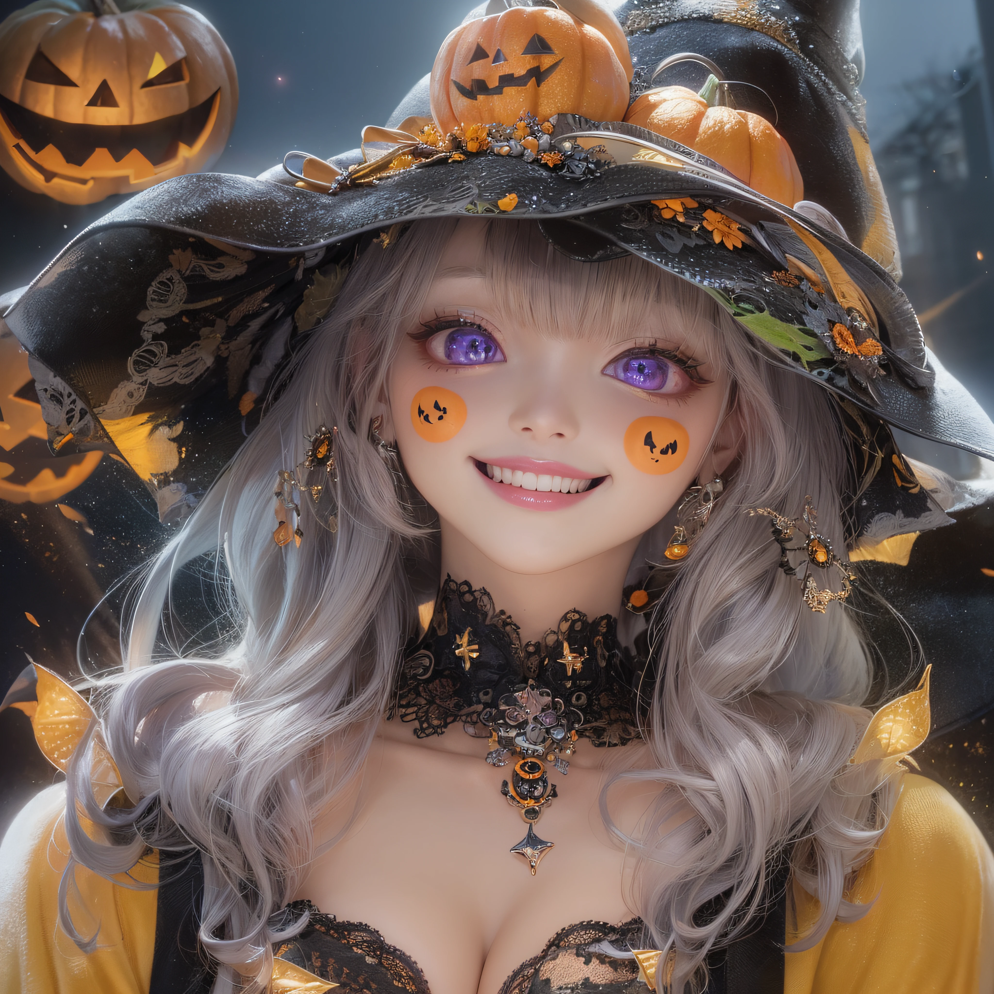 Halloween Hat、close-up of the smile face、close-up of the smile face、Halloween Designer、Halloween Supermodel、makeup、Glossy lips、Shining eyes、(realisitic、hight resolution)、(1 girl in)、Do-Up Eye、Korean Girl、(Best Quality), (masutepiece), (1girl in), Solo, a beauty girl, Perfect face, Highly detailed airbrush art((Surreal))、Volumetric lighting、(top-quality)、The ultra-detailliert、Highly detailed colorful details、(Bright lighting)、dynamic compositions、ultra-detailliert、nffsw、Her eyes are glowing pink、Background Halloween、pumpkins、