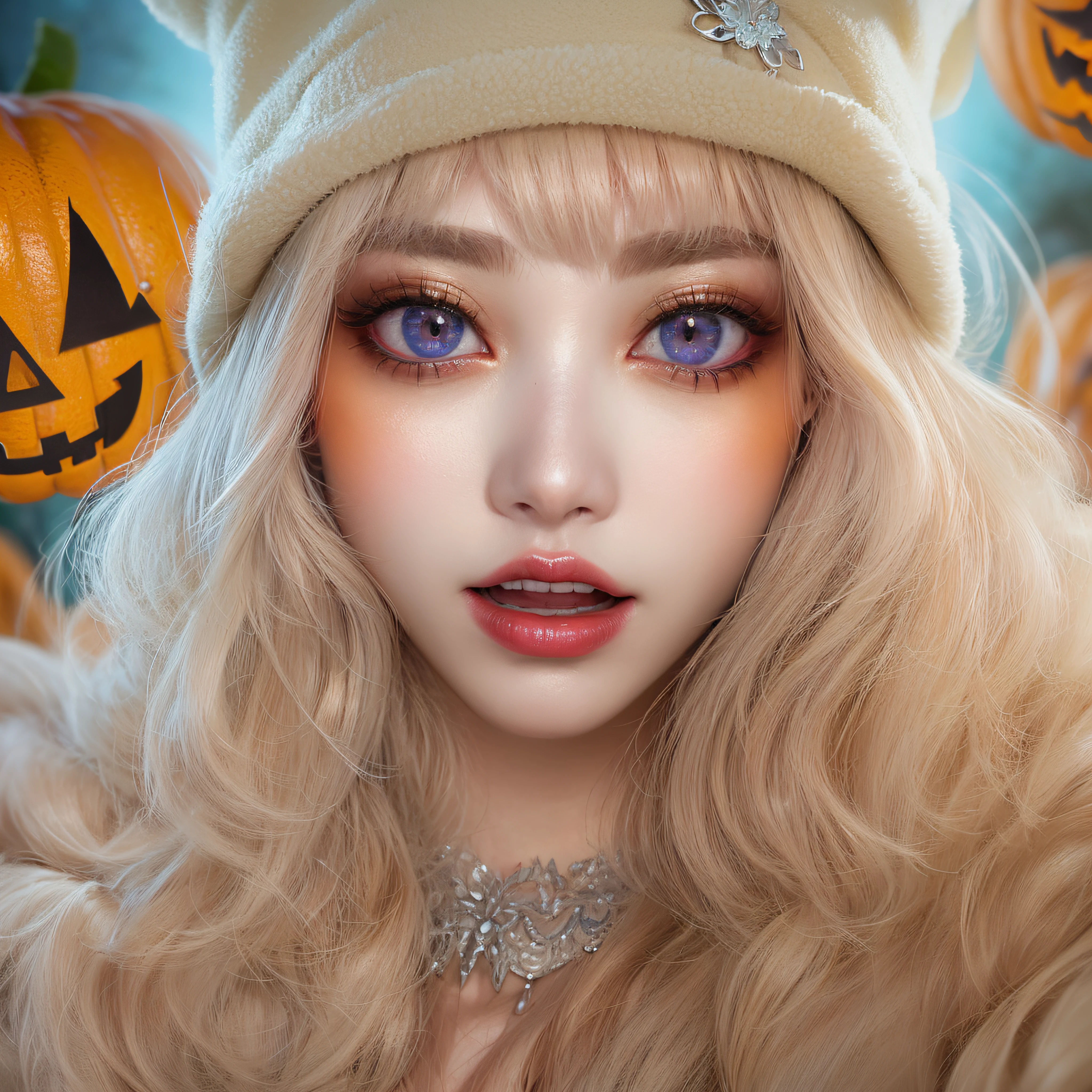 Halloween Hat、close-up of the smile face、close-up of the smile face、Halloween Designer、Halloween Supermodel、makeup、Glossy lips、Shining eyes、(realisitic、hight resolution)、(1 girl in)、Do-Up Eye、Korean Girl、(Best Quality), (masutepiece), (1girl in), Solo, a beauty girl, Perfect face, Highly detailed airbrush art((Surreal))、Volumetric lighting、(top-quality)、The ultra-detailliert、Highly detailed colorful details、(Bright lighting)、dynamic compositions、ultra-detailliert、nffsw、Her eyes are glowing pink、Background Halloween、pumpkins、