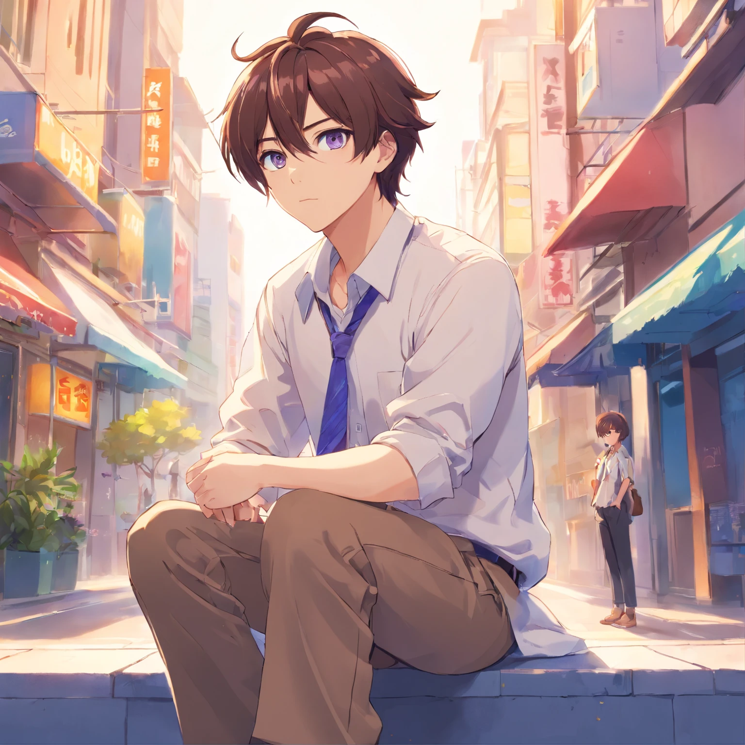 virtual_youtuber, 1boy, male_focus, solo, brown_hair, purple_eyes, simple_background, brown_footwear, full_body, straight-on, looking_at_viewer, pants, white collared shirt, hair_between_eyes, (VERY DETAILED EYES:1.5)