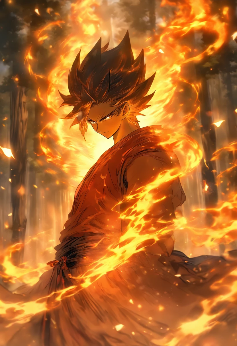 In an ancient forest, The essence of magic is shaped by a young man, His hair was as black as a shadow、His eyes glowed with golden flames。. A mysterious mark adorns his neck, Shine with the light of power. Within liquidation, He was engulfed in a barrage of flames。, Otherworldly energy harmoniously fiery. Magic flame spinning、Love to dance, It evokes a whirling dance of luminous particles, Each one was a fragment of his ethereal aura. Inexplicable symbols materialize in the air, Their brilliance cast an eerie glow under his highly concentrated attention. The scene exudes an ancient sense of power and hidden knowledge, As if the forest itself lives on a long-forgotten secret. Mood is one of mild intensity, A place where nature and magic intertwine. The illustration style is、Capture this aura of mystery through detailed digital art, Intricate line art combined with a vivid color palette. --AR 16:9 - V5