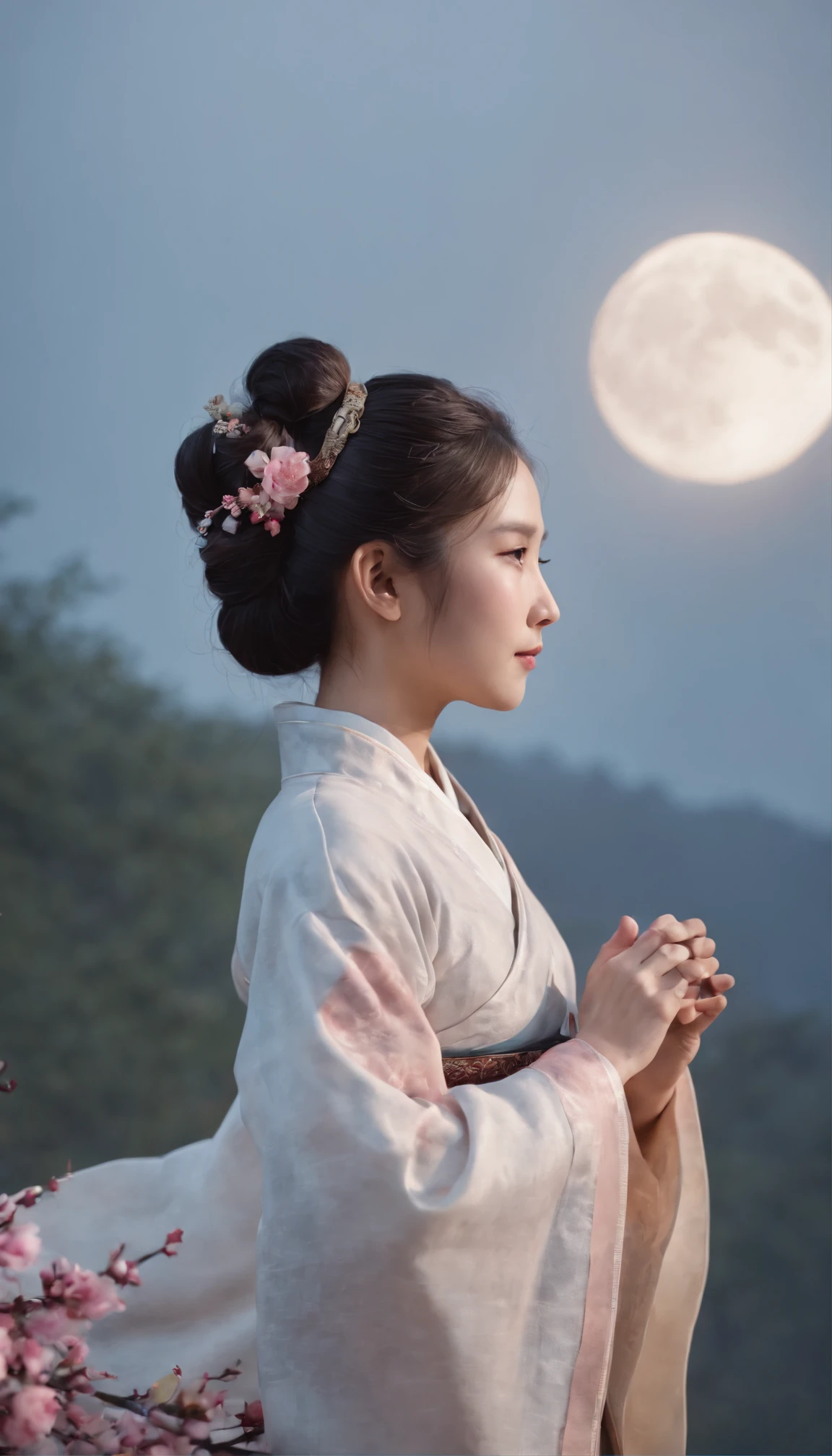 1girll, Moon, hair adornments, full moon, Cloud, sky,Night, Chinese clothes, Solo, Smile, Wide sleeves, Night sky, Long sleeves, flower, hug, hair flower, petals, child, Blush, parted lip, Black hair, Rabbit, Cloudy sky, forehead mark, Black eyes, face markings, updo, Artist name, Animal hugs, Hanfu, hair-bun, Girl child, Holding, Outdoors, Short hair, sleeves past wrists