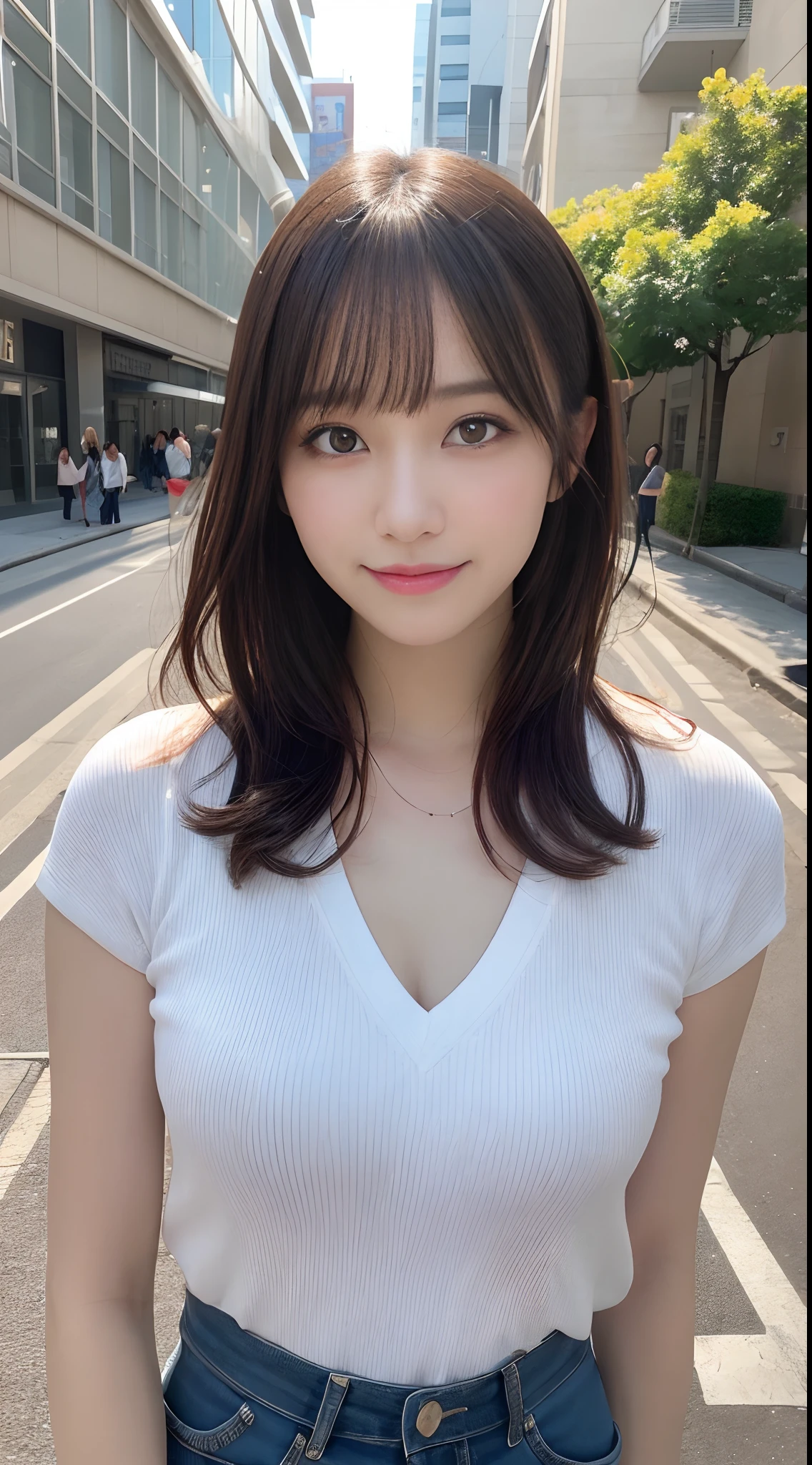 (top-quality), 1人の女性, A slender, White camisole, 18year old, Very white skin, Double eyelids, very large breast, kawaii pose, a miniskirt, full bodyesbian, a smile, Wide open chest, In the street,