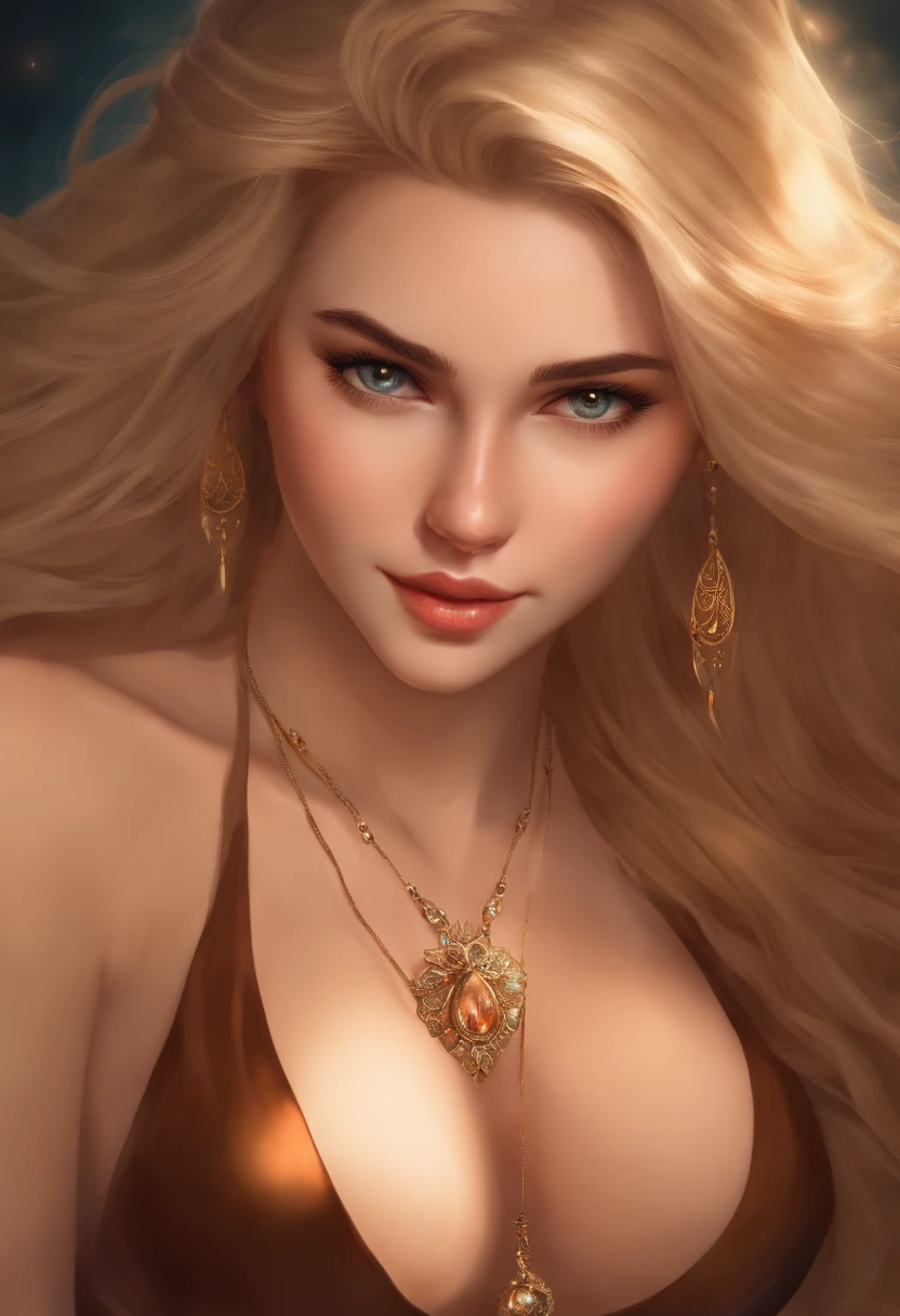 1girl in, age19, Solo, Long hair, Colossal big tits nipples, Looking at Viewer, blondehair, Bare shoulders, Brown eyes, jewely, Full body, a necklace, off shoulders, naked, close up pussy Realistic, A sexy