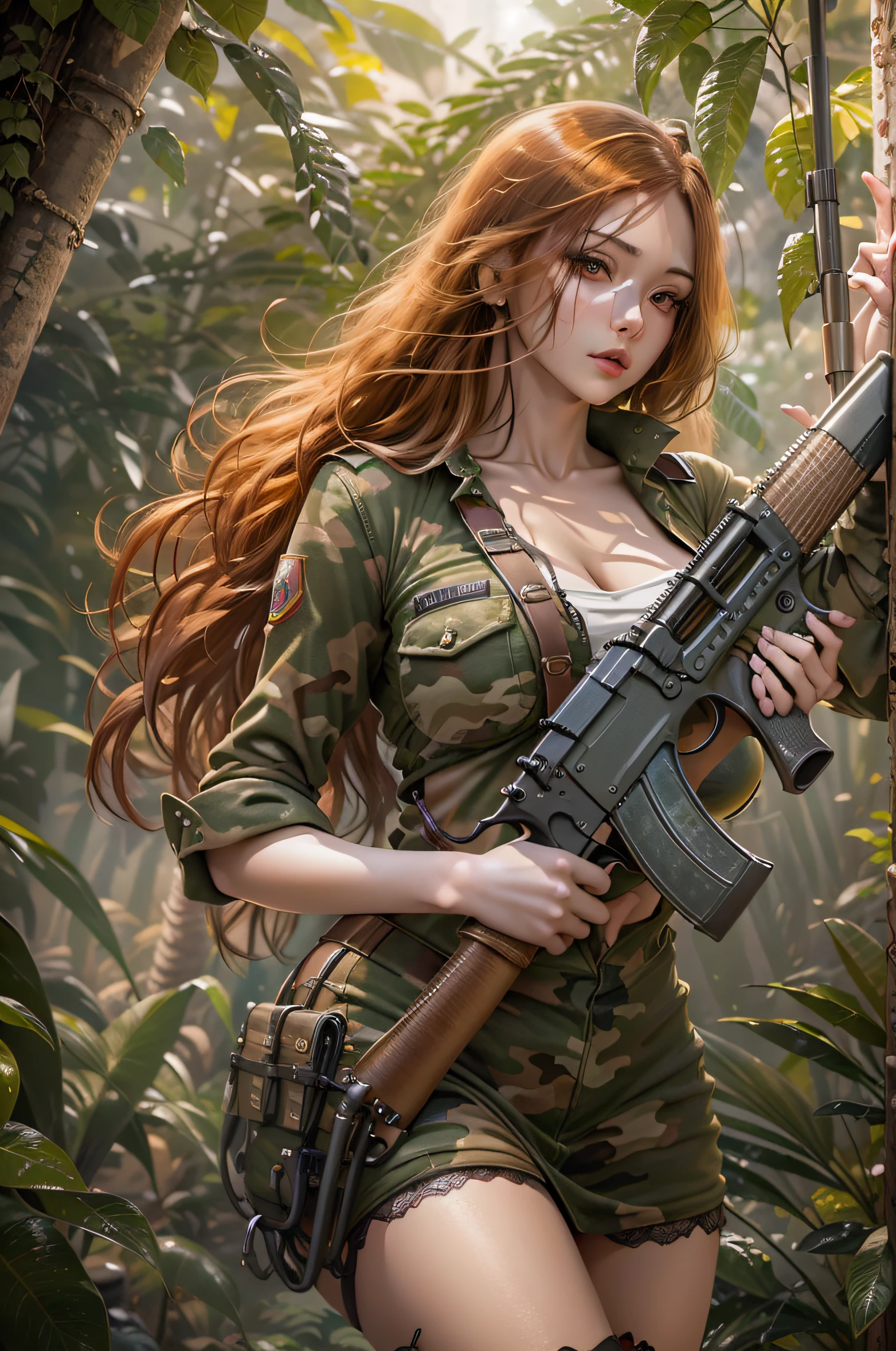 Photorealistic, high resolution, photorealestic，Beautiful tall woman, Solo, Hips up, view the viewer, (Detailed face),Red color hair, Long hair, Young camouflage uniform, Stockings，jungle backdrop, Girl aiming AK-47 assault rifle