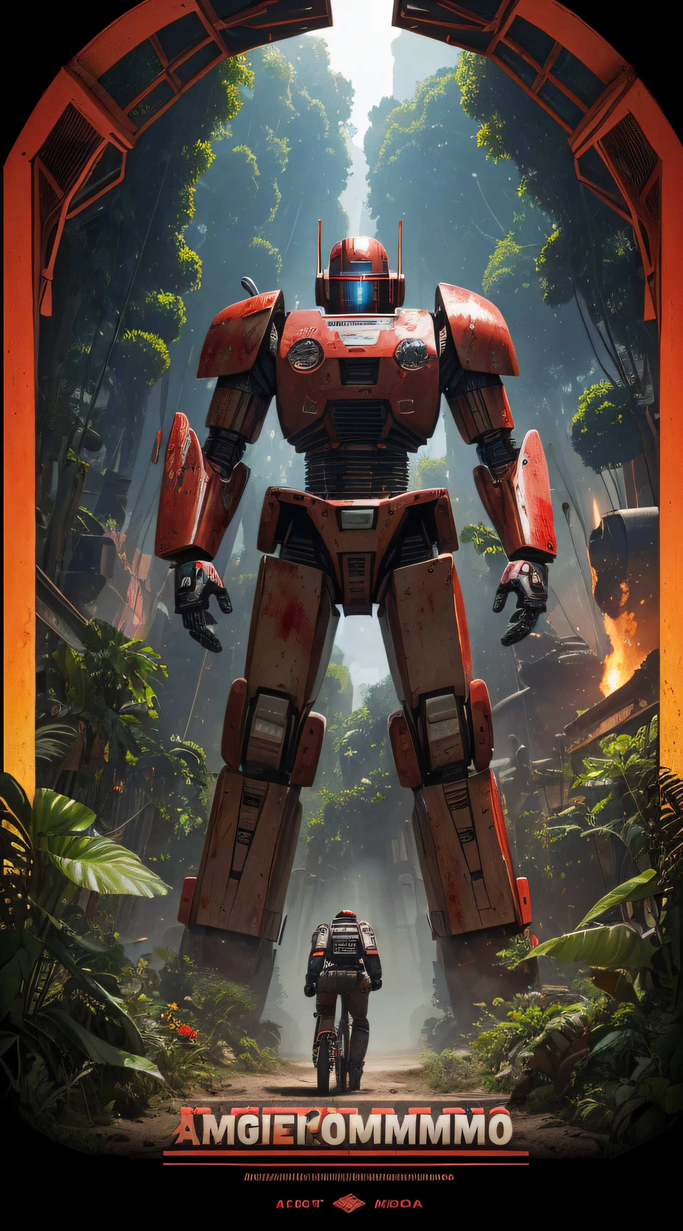 (extremadamente detallado, obra maestra, La mejor calidad, foto antigua, principios de siglo, VHS Aesthetics) Great retro robot with blood in robotic hands. cannons on his back. motosierras. In the middle of a strange jungle. Vegetables from another dimension. Epic flowers far away, organic trees with meat. Light Volumetric