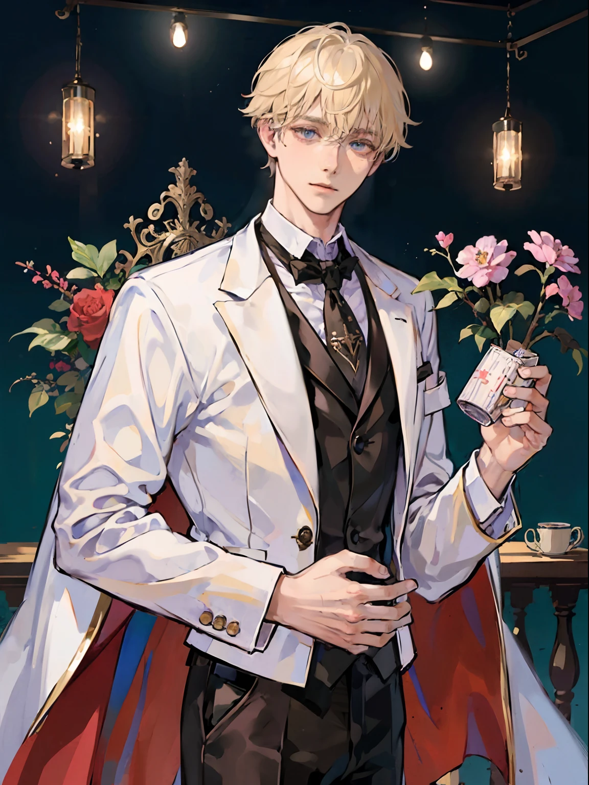 1boy,11 only、(Man's :2),(bobhair:1.5)、a blond、Naked tuxedo、Inside a luxurious Western-style building、Luxurious chandeliers、Vibrant lighting、hightquality、masutepiece,8K,hight resolution、