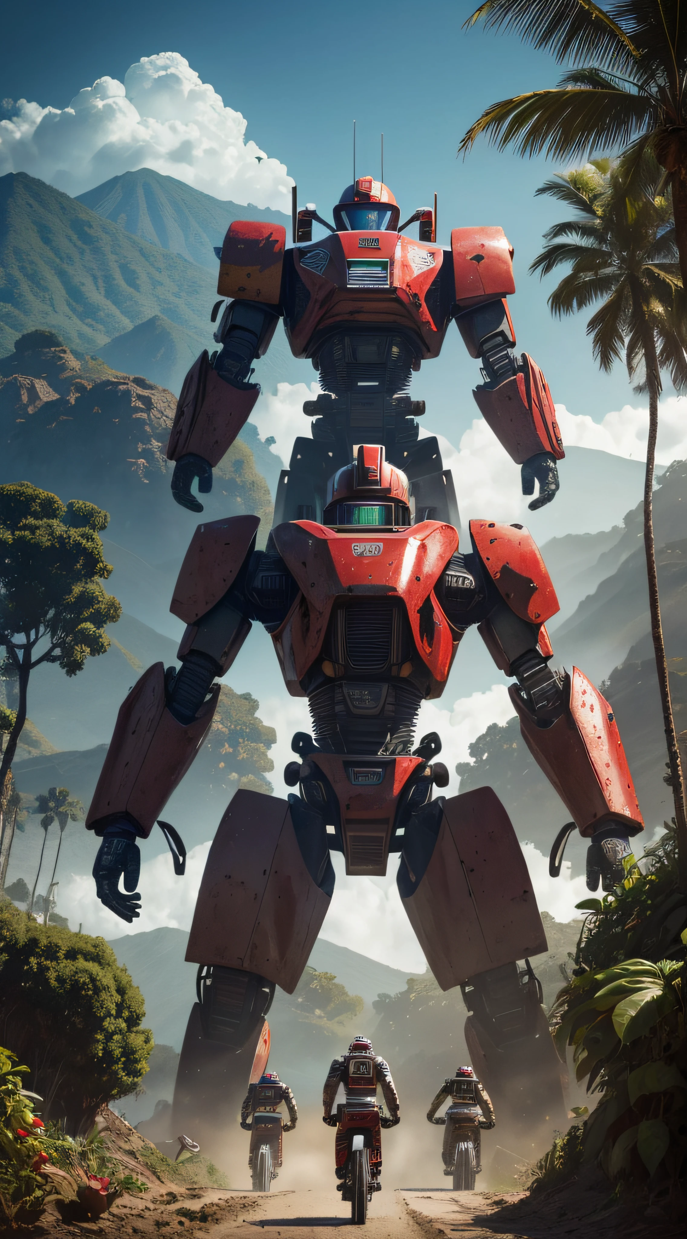 (extremadamente detallado, obra maestra, La mejor calidad, foto antigua, principios de siglo, VHS Aesthetics) Great retro robot with blood in robotic hands. cannons on his back. motosierras. In the middle of a strange jungle. Vegetables from another dimension. Epic flowers far away, organic trees with meat. Light Volumetric