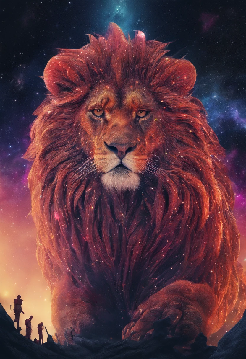 (best quality,4k,highres,masterpiece:1.2),ultra-detailed,(realistic,photorealistic,photo-realistic:1.37),HDR,UHD,studio lighting,ultra-fine painting,sharp focus,physically-based rendering,extreme detail description,professional,vivid colors,bokeh,cinematic,embroidered,evil lion,fictional animal,equirectangular 360,king of the forest,art by Michael Hutter,35mm photography,film,professional,highly detailed