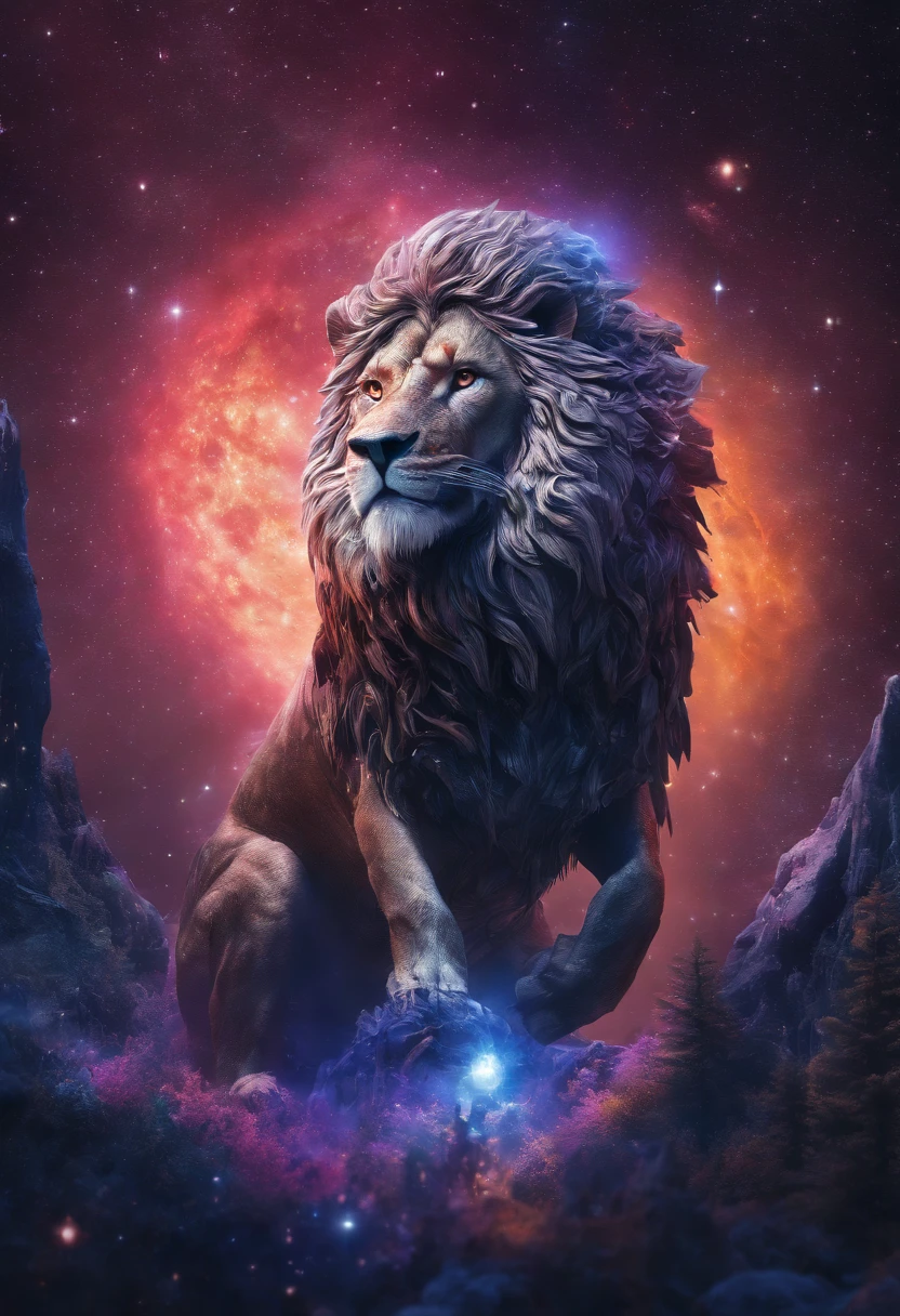 (best quality,4k,highres,masterpiece:1.2),ultra-detailed,(realistic,photorealistic,photo-realistic:1.37),HDR,UHD,studio lighting,ultra-fine painting,sharp focus,physically-based rendering,extreme detail description,professional,vivid colors,bokeh,cinematic,embroidered,evil lion,fictional animal,equirectangular 360,king of the forest,art by Michael Hutter,35mm photography,film,professional,highly detailed