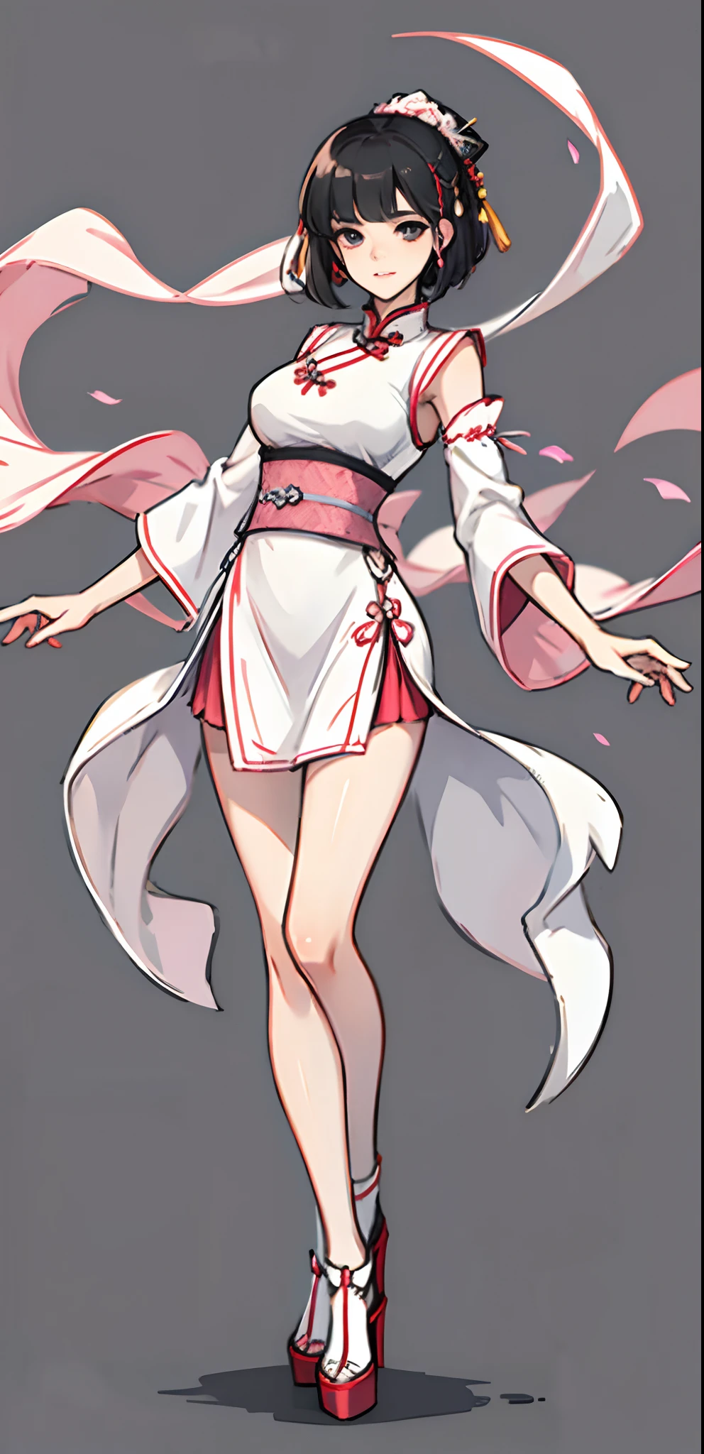 ancient wind,National style,China-style,short skirt,Lady white pink dress,Gauze clothes,offcial dress,black color hair,Beauty all over the body,Stand head-on,high-heels,greybackground