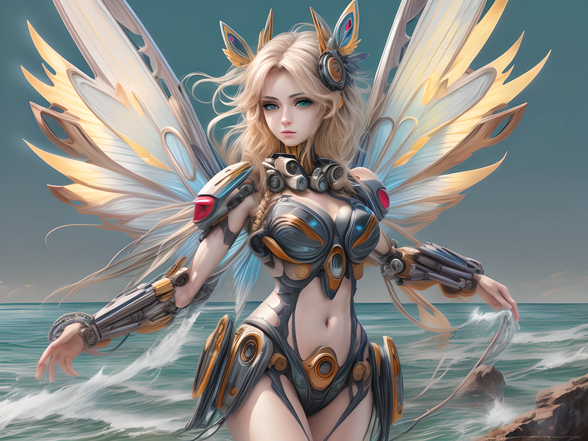 a picture of a woman mecha fairy having a tan at the sea, full body, an exquisite beautiful (ultra detailed, Masterpiece, best quality: 1.3) female mecha fairy, dynamic angle (best detailed, Masterpiece, best quality), best detailed face (best detailed, Masterpiece, best quality), ultra feminine (best detailed, Masterpiece, best quality), blond hair, long hair, braided hair, green eyes color, fairy_wings spread bright colors (mechanical fairyl wings: 1.2), (wearing bathing suit: 1.4),  standing at the sea, wavy sea, sands, day light, sun rising, fun atmosphere, ultra wide angle shot, high details, fantasy art, RPG art best quality, 16k, [ultra detailed], masterpiece, best quality, (ultra detailed), full body, ultra wide shot, photorealistic, mecha musume