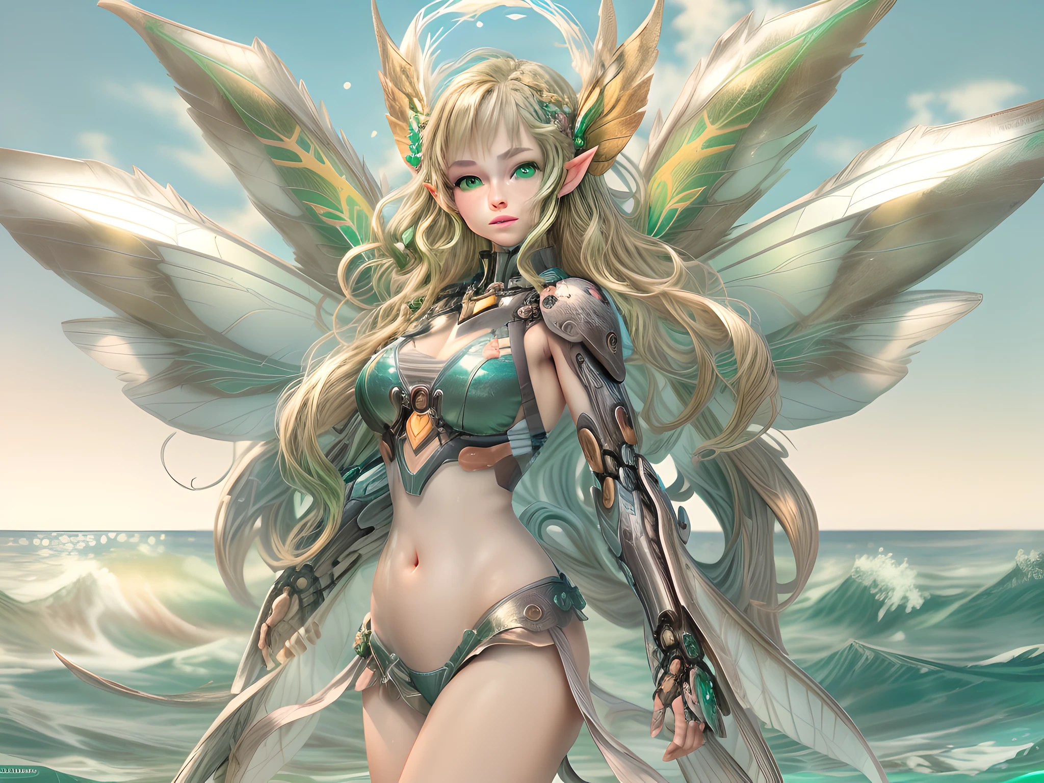 a picture of a woman mecha fairy having a tan at the sea, full body, an exquisite beautiful (ultra detailed, Masterpiece, best quality: 1.3) female mecha fairy, dynamic angle (best detailed, Masterpiece, best quality), best detailed face (best detailed, Masterpiece, best quality), ultra feminine (best detailed, Masterpiece, best quality), blond hair, long hair, braided hair, green eyes color, fairy_wings spread bright colors (mechanical fairyl wings: 1.2), (wearing bathing suit: 1.4),  standing at the sea, wavy sea, sands, day light, sun rising, fun atmosphere, ultra wide angle shot, high details, fantasy art, RPG art best quality, 16k, [ultra detailed], masterpiece, best quality, (ultra detailed), full body, ultra wide shot, photorealistic, mecha musume