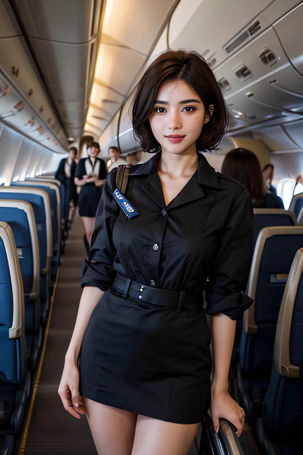 8K, of the highest quality, Intricate details, Ultra Detail, Ultra High Resolution, masterpiece, smile, (fluffy brown eyes: 1.21), Brown eyes, 1female, Solo, 40 years, cowboy shot, Standing , (((Beautiful Face))), ((( Black short hair ))), (Detailed face), Detailed lips, ((Stewardess uniform:1.2)), Detailed face, Detailed chest, large full breasts, detail, Perfect body, (detail legs), background: (in an airplane)