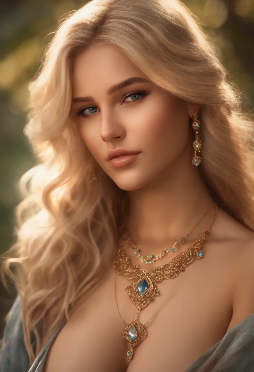 1girl in, age19, Solo, Long hair, Colossal big tits nipples, Looking at Viewer, blondehair, Bare shoulders, Brown eyes, jewely, Full body, a necklace, off shoulders, Realistic, A sexy