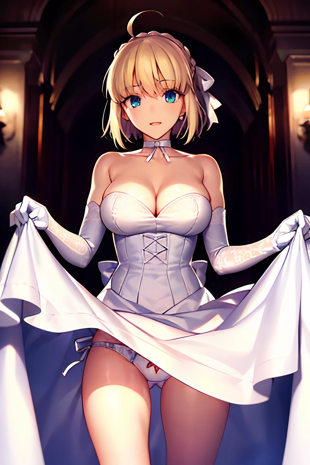 takashi takeuchi,Artorian Pendragon \(Fate\), Saber,1girl in, :D, Ahoge, Blonde hair, Naughty big、large full breasts、 Choker, cleavage, 鎖骨, Dress, elbow groves, gloves, Green eyes, hair between eye, Hair Ribbon, Indoors, Looking at Viewer, Open mouth, bow ribbon, ribbon choker, Short hair, Smile, duo, stairs, Strapless, straplessdress, wedding dress, White Dress, White Gloves, White ribbon, , ((masutepiece)), Best Quality, High resolution, Unity 8k壁纸, (Illustration:0.8), (Beautiful detailed eyes:1.6), extra detailed face, Perfect Lighting, extremely details CG, (Perfect hands, Perfect Anatomy)、(Skirt lift:1.3), (White panty:1.3)、(Skirt that rolls up:1.3)、(Fully exposed panties:1.5)、