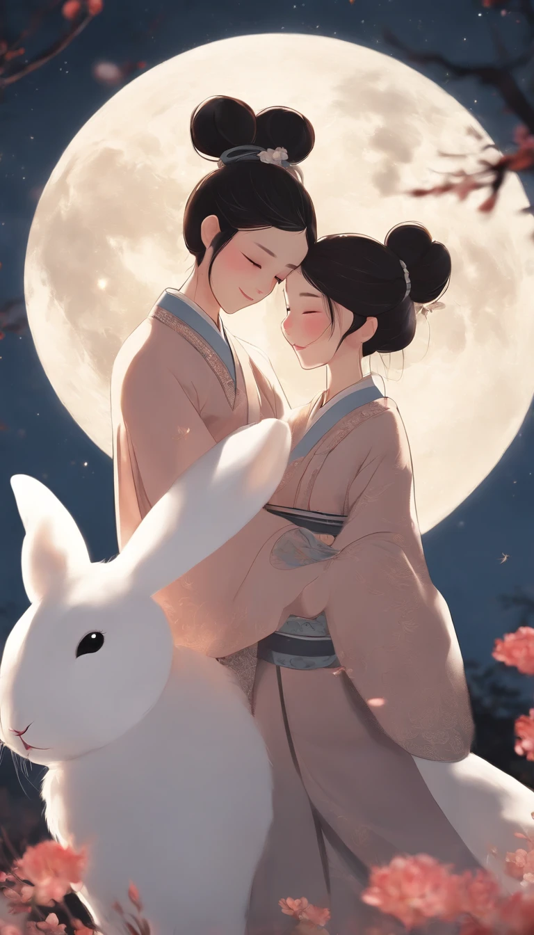 1girll, Moon, hair adornments, full moon, Cloud, sky,Night, Chinese clothes, Solo, Smile, Wide sleeves, Night sky, Long sleeves, flower, hug, hair flower, petals, child, Blush, parted lip, Black hair, Rabbit, Cloudy sky, forehead mark, Black eyes, face markings, updo, Artist name, Animal hugs, Hanfu, hair-bun, Girl child, Holding, Outdoors, Short hair, sleeves past wrists