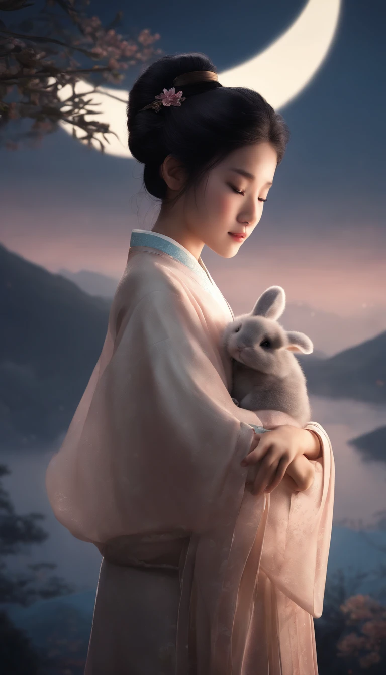 1girll, Moon, hair adornments, full moon, Cloud, sky,Night, Chinese clothes, Solo, Smile, Wide sleeves, Night sky, Long sleeves, flower, hug, hair flower, petals, child, Blush, parted lip, Black hair, Rabbit, Cloudy sky, forehead mark, Black eyes, face markings, updo, Artist name, Animal hugs, Hanfu, hair-bun, Girl child, Holding, Outdoors, Short hair, sleeves past wrists