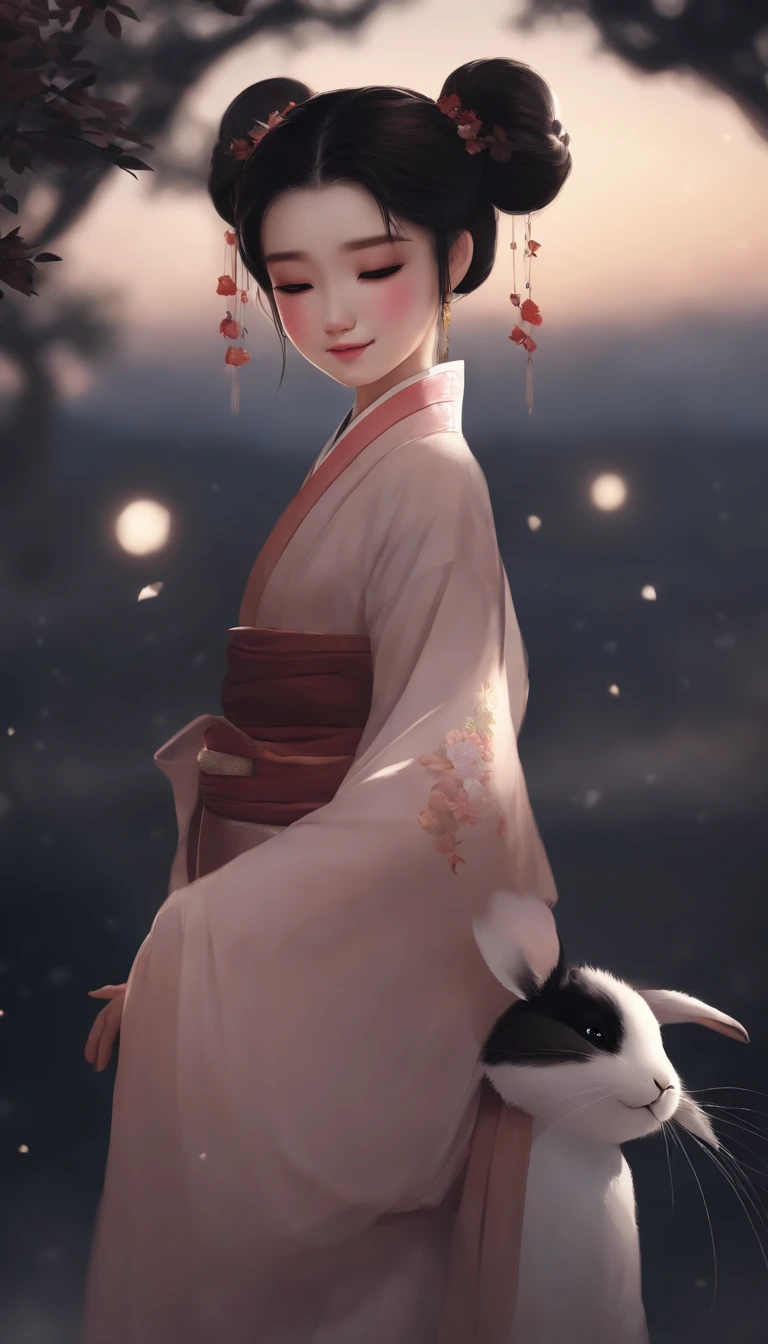 1girll, Moon, hair adornments, full moon, Cloud, sky,Night, Chinese clothes, Solo, Smile, Wide sleeves, Night sky, Long sleeves, flower, hug, hair flower, petals, child, Blush, parted lip, Black hair, Rabbit, Cloudy sky, forehead mark, Black eyes, face markings, updo, Artist name, Animal hugs, Hanfu, hair-bun, Girl child, Holding, Outdoors, Short hair, sleeves past wrists