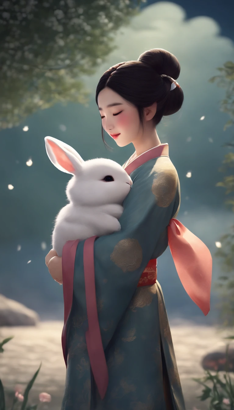 1girll, Moon, hair adornments, full moon, Cloud, sky,Night, Chinese clothes, Solo, Smile, Wide sleeves, Night sky, Long sleeves, flower, hug, hair flower, petals, child, Blush, parted lip, Black hair, Rabbit, Cloudy sky, forehead mark, Black eyes, face markings, updo, Artist name, Animal hugs, Hanfu, hair-bun, Girl child, Holding, Outdoors, Short hair, sleeves past wrists