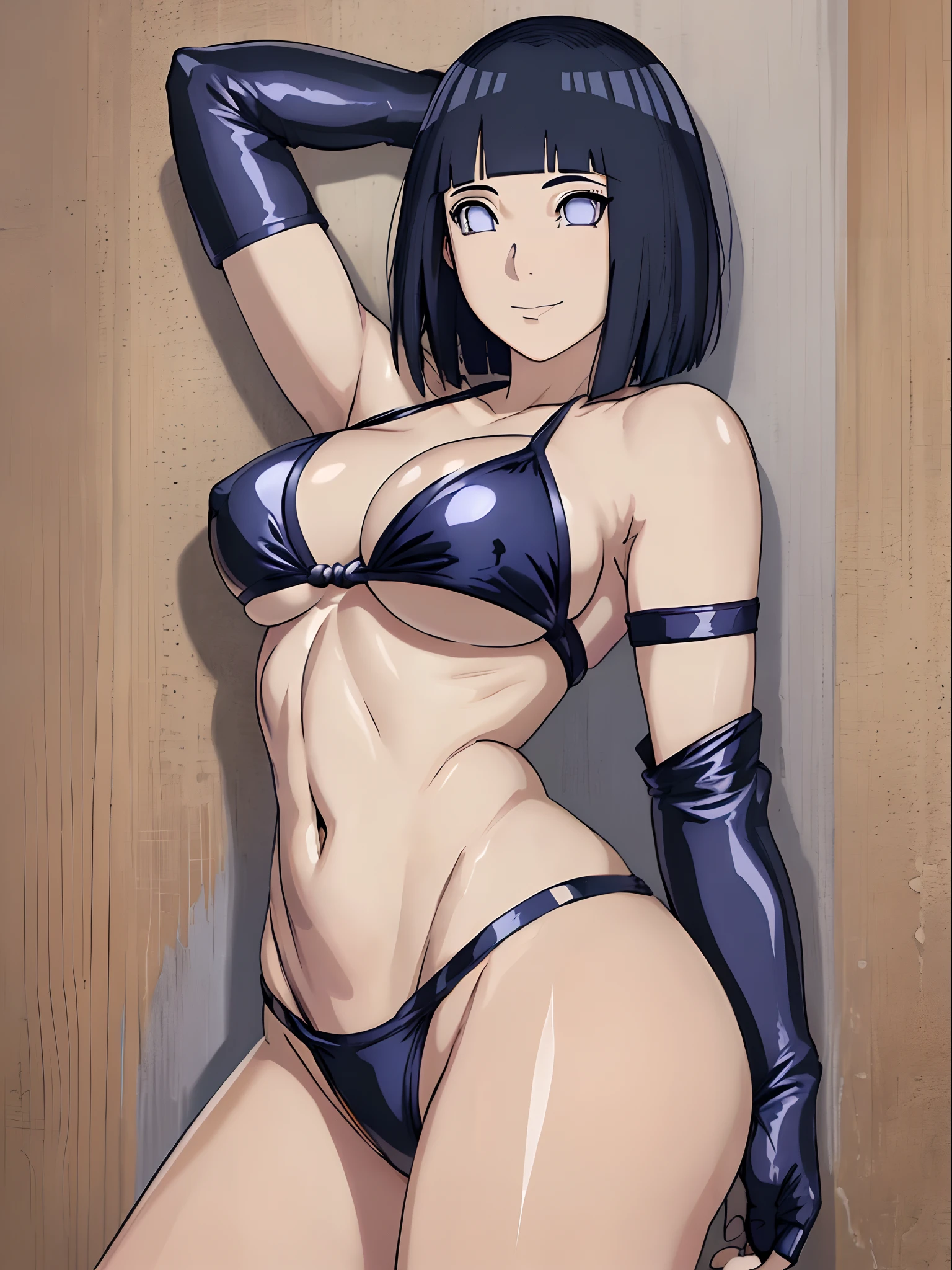 (4k, no angle view, portrait, best quality, cowboy shot), (ultra detailed body, curvy), ((solo, 1 girl)), anime style, hires, ((white background)), (hinata\(boruto\), (female wrestler), (slender body, broad shoulders), (mature woman, milf), (black bikini, micro bikini, ultra detailed pro wrestling gear, long gloves), (extremely gorgeous), (tilt head, seductive look, ((seductive pose)), seductive face, seductive expression, smile, closed mouth), (pale skin, shiny skin, lighting and shadow), (dark blue hair color:1.1), wavy hair, ((short hair, hime cut), big breasts, ((detailed arm curves)), (long belly), (very seductive), (perfect eyes, white sciera, bright eyes, white eyes, anime eyes)