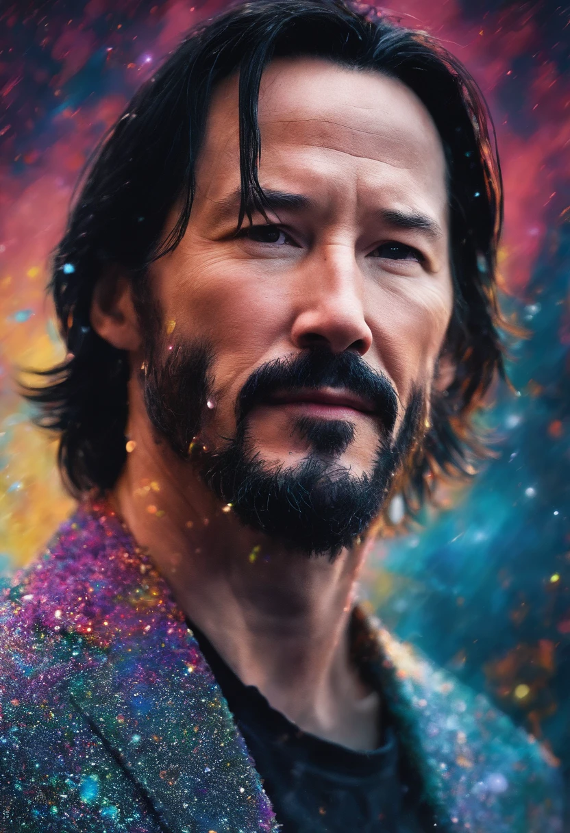 Keanu Reeves, high resolution, Ultra-detailed, , pointillism technique, Dashed shadow, Intricate details, tiny dots, Texture effects, Subtle gradients, Fascinating craftsmanship, Infrared photography, Otherworldly shades, surreal landscapes, Invisible light, ethereal glowing, Vivid colors, Phantom effect
