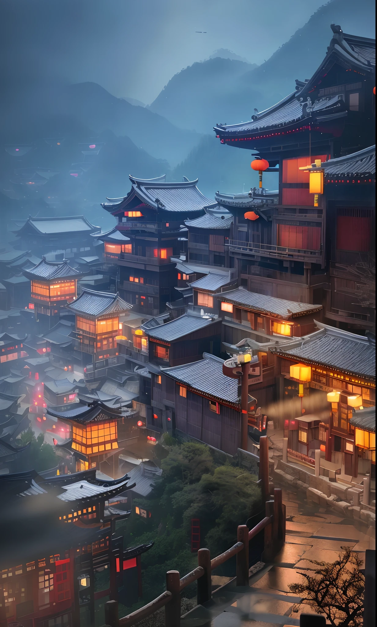 arafed view of a village with a lot of lights on the buildings, dreamy chinese town, chinese village, amazing wallpaper, japanese town, japanese village, hyper realistic photo of a town, old asian village, japanese city, by Raymond Han, rainy evening, cyberpunk chinese ancient castle, beautifully lit buildings, at evening during rain, beautiful and aesthetic, photography, cinematic, 8k, high detailed ((Heavy rain)))