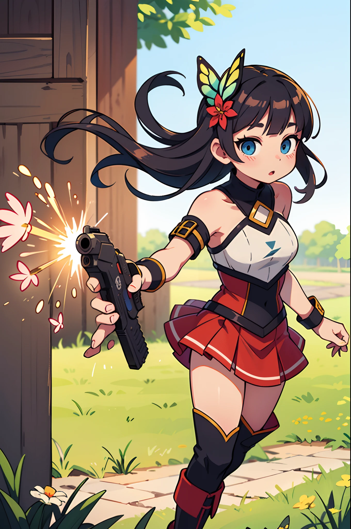 Octane Render、(Hyper-detailing: 1.15)、(Soft light、sharp: 1.2)、photoRealstic、Cute Fantasy Princess、Handgun shooting practice、Fine Pattern Pistol,long boots、ultradetailed eyes、Full Paint、（Floral hair ornament、butterfly hair ornament）、 masutepiece、Anatomically correct、blur、depth of fields