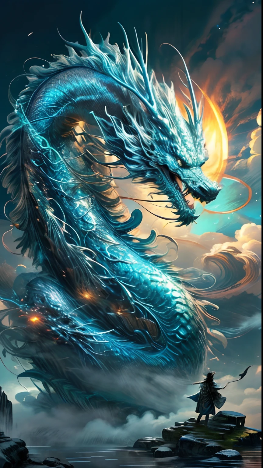 (photo RAW, best qualityer), (realisticlying, realisticlying: 1.3), NVIDIA RTX ray tracing, octan render, A high resolution, Extremely Delicately Beautiful, Awesome, finely detailed, tmasterpiece, ultra - detailed, highr, (Best Illustration), (Best shade), 复杂, A handsome Chinese man with ancient long hair stands on the top of a mist-shrouded mountain, 20 year old boy, Bonito, without a beard, A delicate facial features, Fairy wind bone road, white clothes, undying, Beautiful outfit, His left hand was raised above his head, Waving glowing green orbs, with his back to the viewer, In front of a giant blue Chinese dragon, (drak: 1.4), clouds, firestorm, mont, Sun sunset, foco nítido, Perfect synthesis, absurderes, fanciful, 复杂, ellegance, highly detailed, volume fog, 8K UHD, Digital SLR, high high quality, (Film Particle: 1.4), Fujifilm XT3, art stations, Smooth and sharp focus, A detailed, an award winning photograph, BLN-L24, exposure, hight contrast, cinematic lightning.