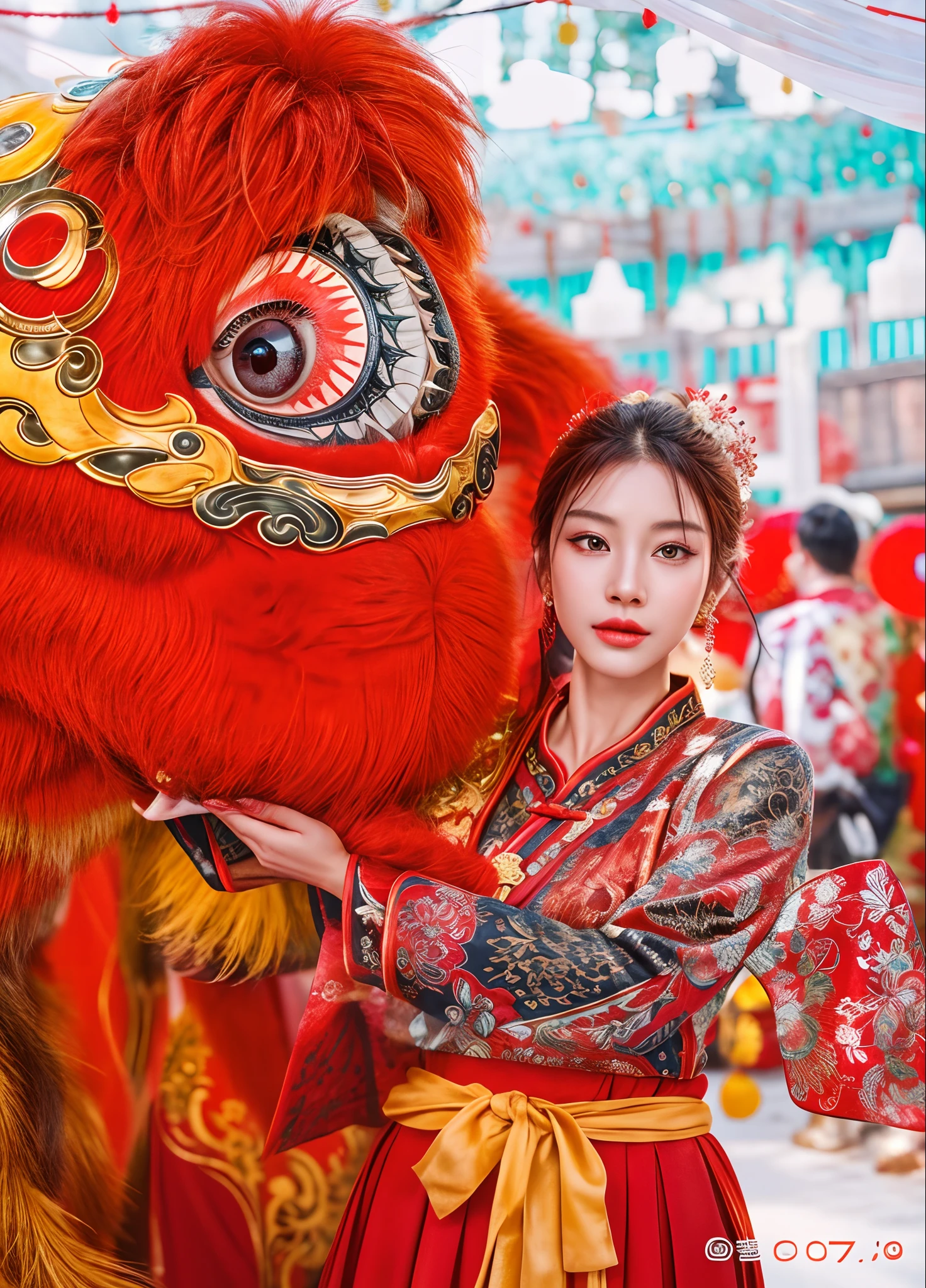 A woman in a red Han dress，Holding a gorgeous red lion's head, Traditional Chinese clothing，Background bokeh，Festive atmosphere，(Raw photo:1.2),((Photorealistic:1.4))Best Quality ,masutepiece, Illustration, extremely delicate and beautiful, Extremely detailed  ,Unity ,8K Wallpaper, finely detail, Best Quality,Highly detailed ticker Unity 8k wallpaper,absurderes, unbelievable Ridiculous, huge filesize, Ultra-detailed, hight resolution, Extremely detailed,Beautiful detailed , extremely detailed eye and face, Beautiful detailed eyes,
