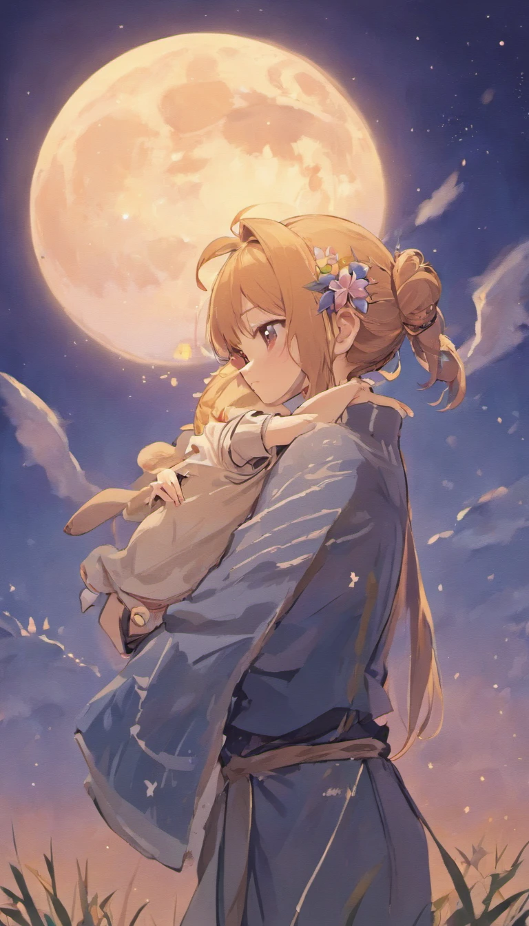 1girll, Moon, hair adornments, full moon, Cloud, sky,Night, Chinese clothes, Solo, Smile, Wide sleeves, Night sky, Long sleeves, flower, hug, hair flower, petals, child, Blush, parted lip, Black hair, Rabbit, Cloudy sky, forehead mark, Black eyes, face markings, updo, Artist name, Animal hugs, Hanfu, hair-bun, Girl child, Holding, Outdoors, Short hair, sleeves past wrists