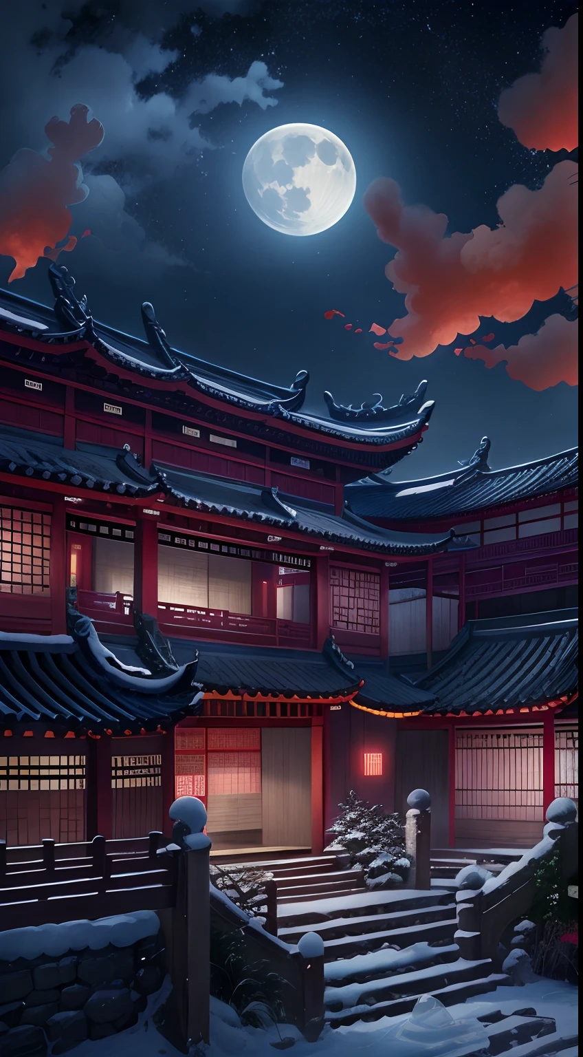 Surreal CG rendering ancient China，Jiangnan ancient buildings and ancient towns have Yaolin wonderland。the night，the huge moon：1.5，The stars are bright，The smoke is fascinating，Maple leaves and milk leaves are trees。snow landscape。k hd