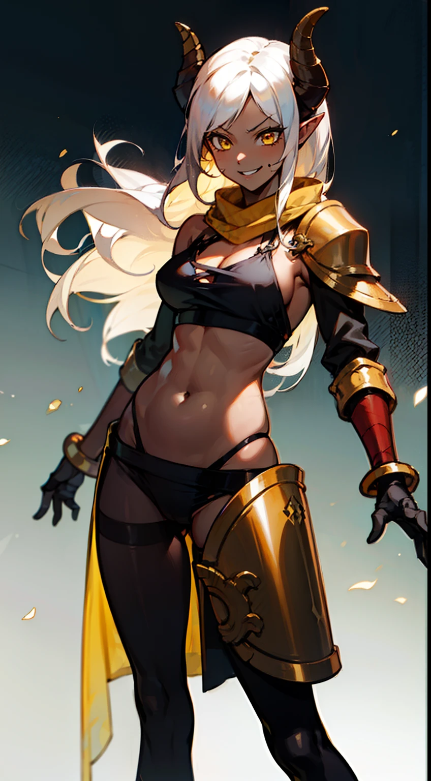 girl,(((dark skin))), hidden arms,long hair, white hair,curly hair,yellow eyes,villain,psycho,villain smile, psychopath, angry, medium boobs,show belly,gold armor outfit, black small shirt,black horns,black pantyhose,elves ears,yellow scarf,standing inside of a castle