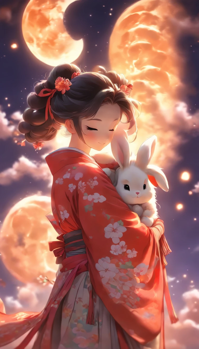 1girll, Moon, hair adornments, full moon, Cloud, sky,Night, Chinese clothes, Solo, Smile, Wide sleeves, Night sky, Long sleeves, flower, hug, hair flower, petals, child, Blush, parted lip, Black hair, Rabbit, Cloudy sky, forehead mark, Black eyes, face markings, updo, Artist name, Animal hugs, Hanfu, hair-bun, , Holding, Outdoors, Short hair, sleeves past wrists