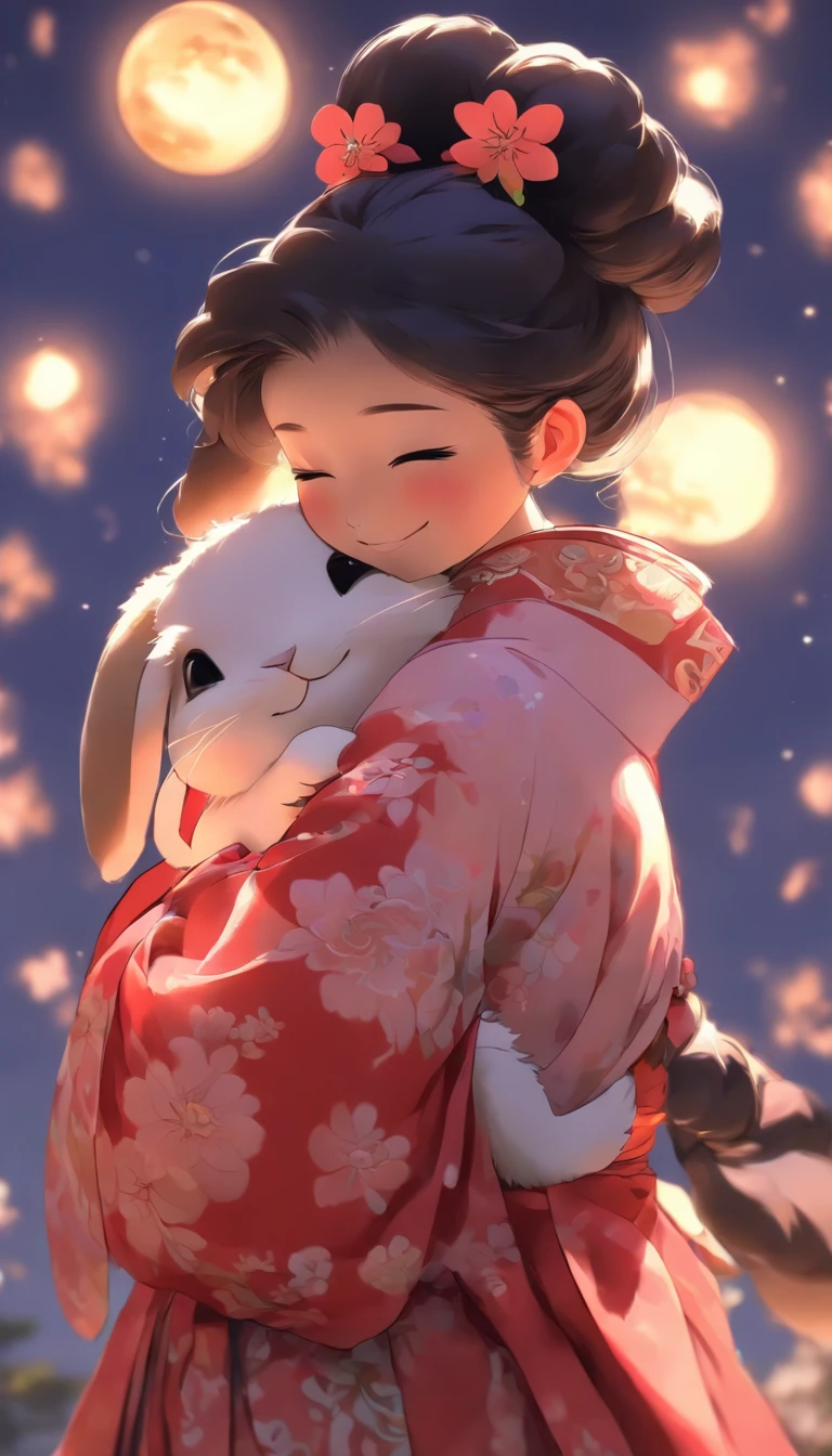 1girll, Moon, hair adornments, full moon, Cloud, sky,Night, Chinese clothes, Solo, Smile, Wide sleeves, Night sky, Long sleeves, flower, hug, hair flower, petals, child, Blush, parted lip, Black hair, Rabbit, Cloudy sky, forehead mark, Black eyes, face markings, updo, Artist name, Animal hugs, Hanfu, hair-bun, Girl child, Holding, Outdoors, Short hair, sleeves past wrists