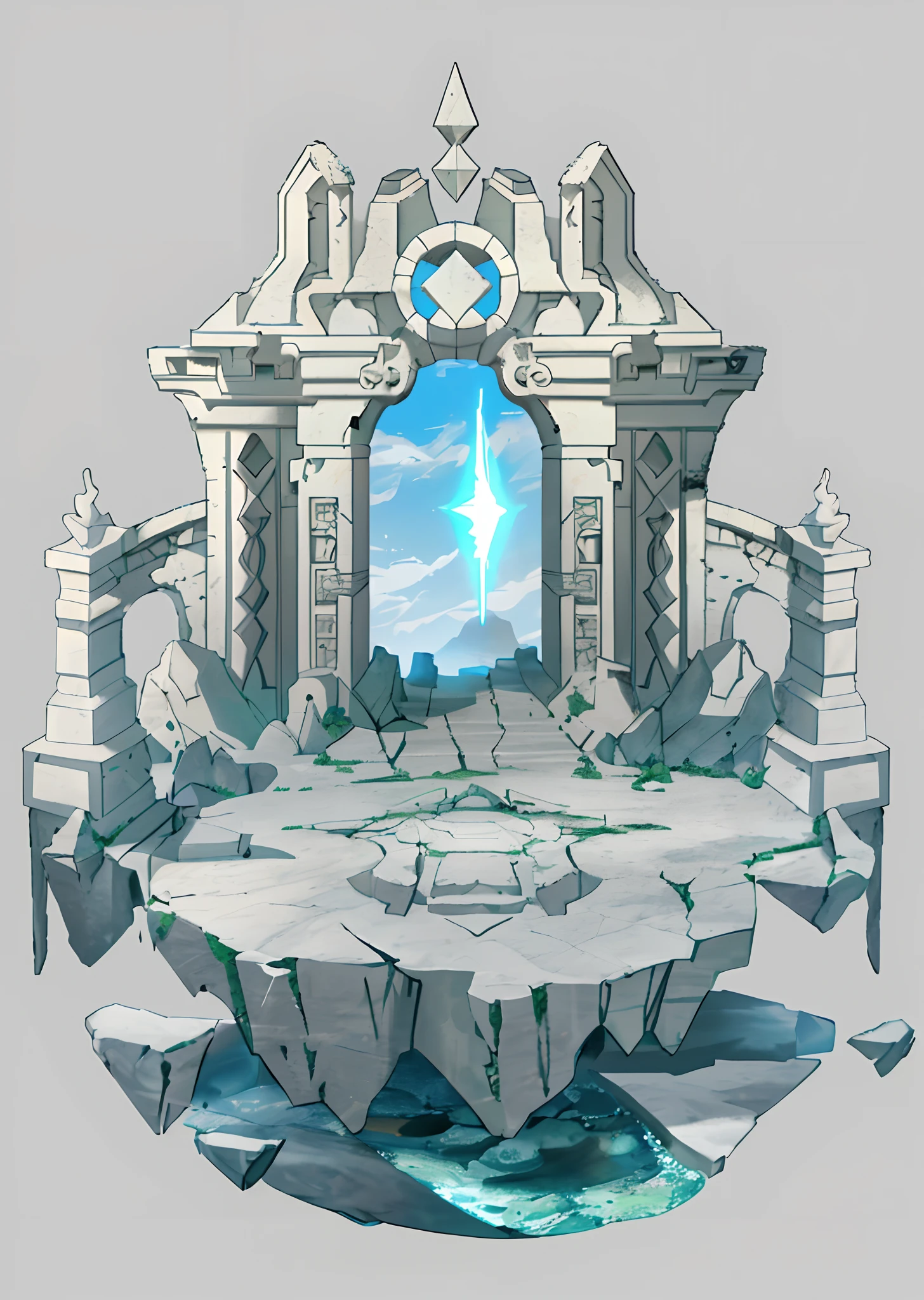 Color,oc rendered,casual game style,Originality,。.。.。.。.3D,tmasterpiece,best qualityer,Incarnate the landscape,toon rendering,8K,NOhumans,Magic crystals,simple backgound,(Gray background 1.2),The landscape,(braziers),(Shabby stone pillar 1.5),gravel path,runic,font style,stone pillar,(Floating Island 1.5),pumice,Ancient ruins