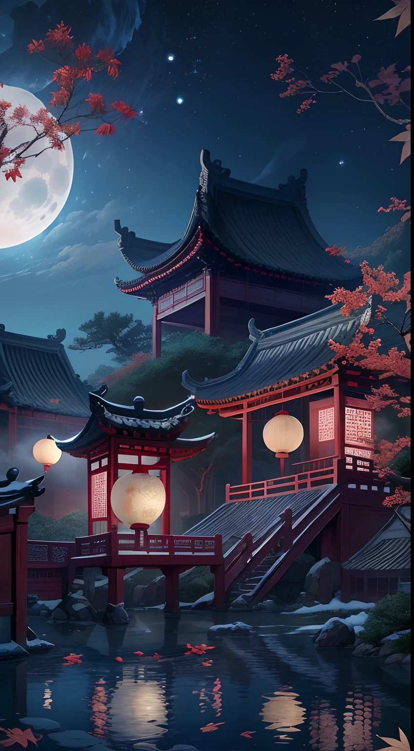 Surreal CG rendering ancient China,Jiangnan ancient buildings and ancient towns have Yaolin wonderland。the night,the huge moon:1.5,The stars are bright,The smoke is fascinating,Maple leaves and milk leaves are trees。snow landscape。k hd