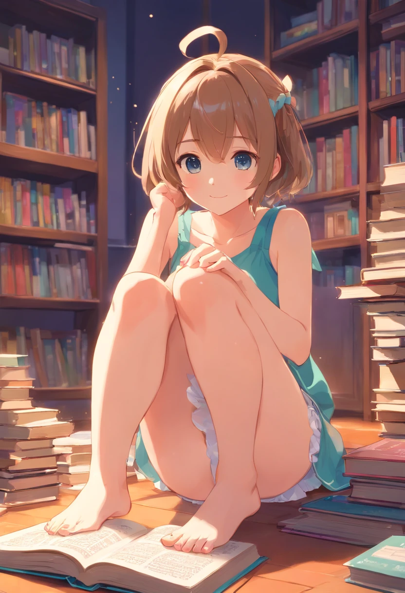 Cute ,Barefoot,Tummy down,head looking up,Raise your feet,shift dresses,white panties,largeeyes,Anime cute face,looking at book,Wet da