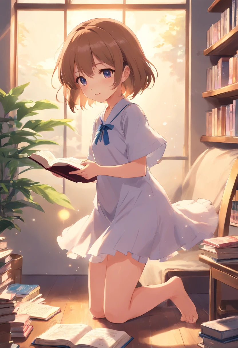 Cute loli，Barefoot，Tummy down，head looking up，Raise your feet，shift dresses，white panties，largeeyes，Anime cute face，looking at book，Wet da