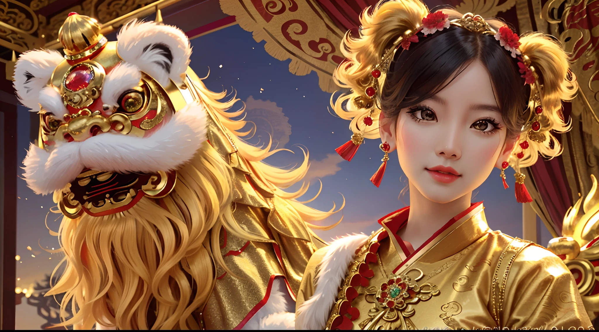 (Best picture quality, 4k,8k, high quality, masterpiece :1.2), super detail, (realistic, realistic, realistic :1.37), in the New Year festival, traditional lion dance performance, (a girl holding red gold thread hydrangea:1.3), a powerful lion dance, constantly blinking eyes and shaking head, girl and lion dance, lion head beautifully made, red jewel eyes, Blue jewel forehead decoration, ornate and luxurious lion head artwork, Chinese elements, traditional cultural background, traditional craftsmanship, exquisite handcrafting, opulent, majestic, sparkling gemstones, lifelike details, bright colors, shiny polished surfaces, decorative pieces, East Asian heritage, cultural heritage, antiques, bronze sculptures, symbols of power and strength, traditional lion dance, Eye-catching center, sophisticated design, authentic presentation, impressive craftsmanship.