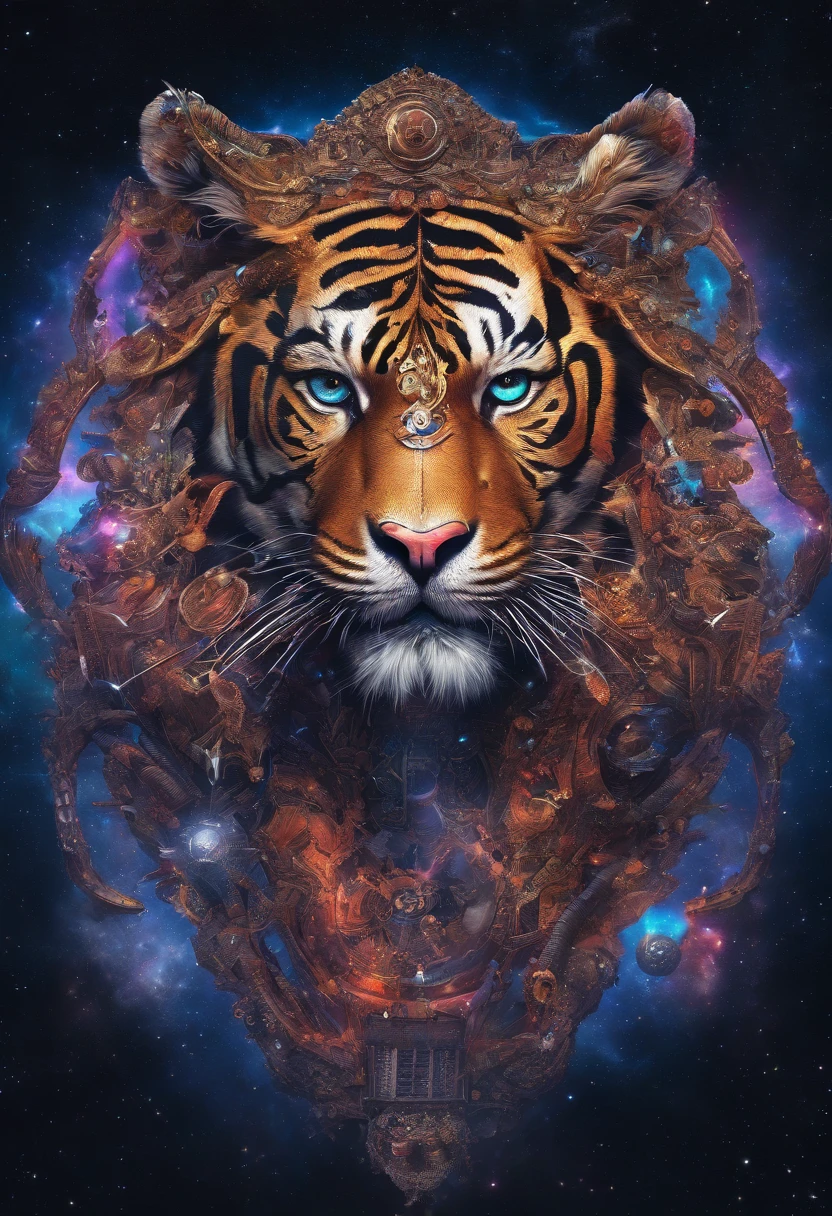 (best quality,4k,highres,masterpiece:1.2),ultra-detailed,(realistic,photorealistic,photo-realistic:1.37),HDR,UHD,studio lighting,ultra-fine painting,sharp focus,physically-based rendering,extreme detail description,professional,vivid colors,bokeh,cinematic,embroidered,evil tiger,fictional animal,equirectangular 360,king of the Planet earth,art by Michael Hutter,35mm photography,film,professional,highly detailed