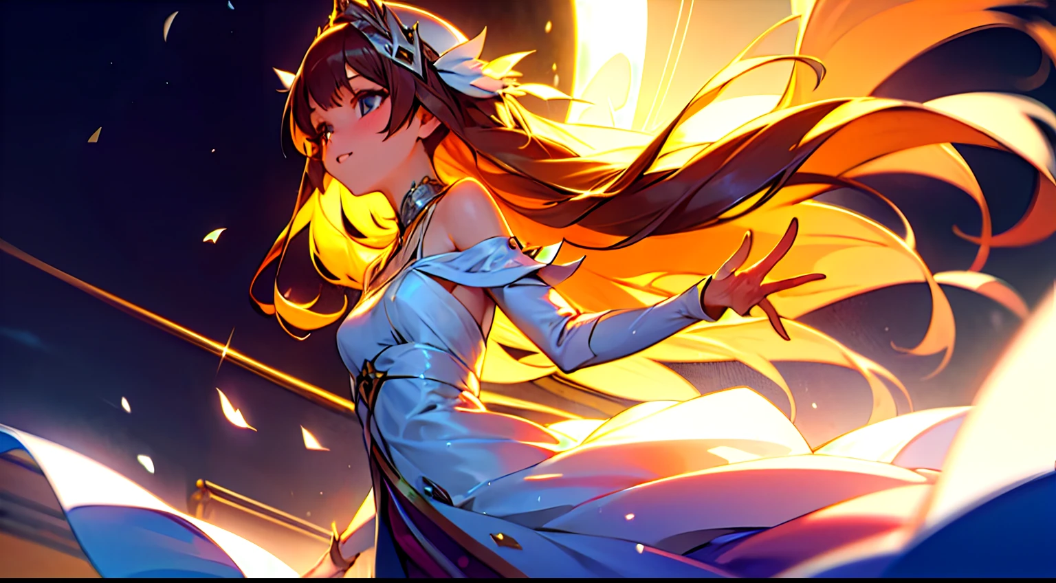 '((((Aria Alta))))' is a young woman with long, flowing hair, and she's often seen wearing elegant and slightly vintage casual clothing. She has a warm and determined expression, reflecting her passion for music.