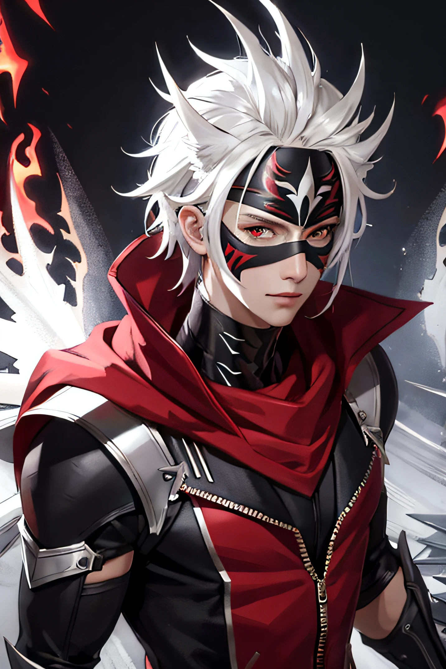 {{masterpiece}},best quality,highly detailed,extremely detailed CG unity 8k wallpaper,illustraction, 1guy, red eyes, spiky silver hair, wearing mask, vest, bandana , snow, ice, full body, shot,high close up, highly detailed,center frame,sharp focus, looking at viewer, floting hair,