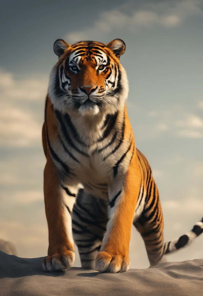 (best quality,4k,highres,masterpiece:1.2),ultra-detailed,(realistic,photorealistic,photo-realistic:1.37),HDR,UHD,studio lighting,ultra-fine painting,sharp focus,physically-based rendering,extreme detail description,professional,vivid colors,bokeh,cinematic,embroidered,evil tiger,fictional animal,equirectangular 360,king of the Planet earth,art by Michael Hutter,35mm photography,film,professional,highly detailed