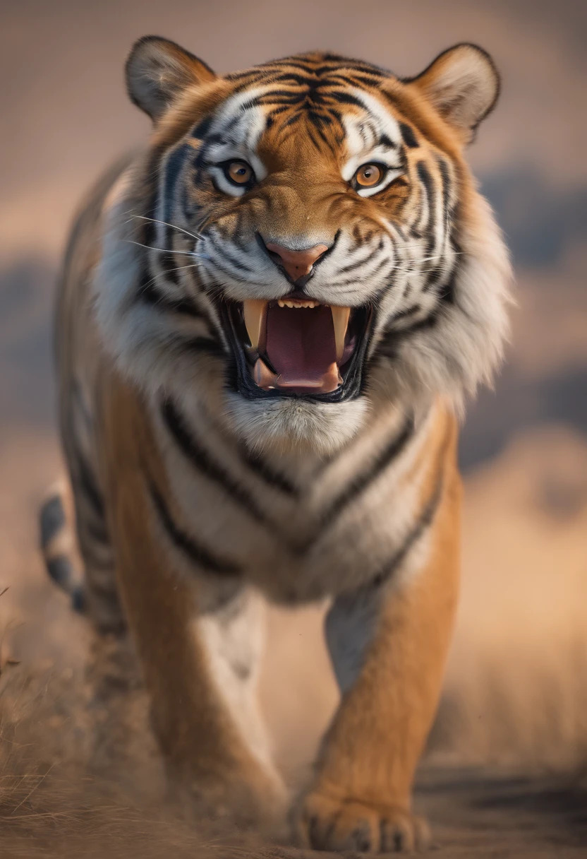 (best quality,4k,highres,masterpiece:1.2),ultra-detailed,(realistic,photorealistic,photo-realistic:1.37),HDR,UHD,studio lighting,ultra-fine painting,sharp focus,physically-based rendering,extreme detail description,professional,vivid colors,bokeh,cinematic,embroidered,evil tiger,fictional animal,equirectangular 360,king of the Planet earth,art by Michael Hutter,35mm photography,film,professional,highly detailed