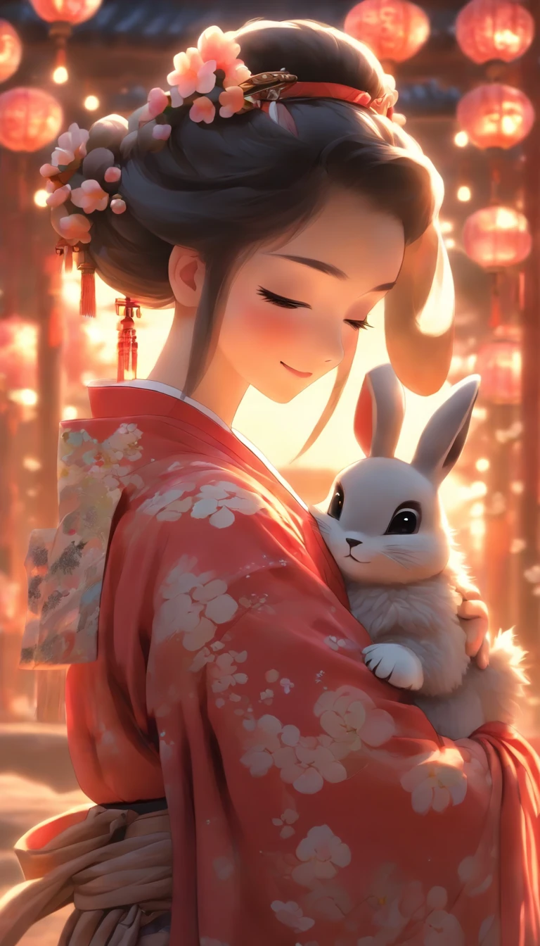 1girll, Moon, hair adornments, full moon, Cloud, sky,Night, Chinese clothes, Solo, Smile, Wide sleeves, Night sky, Long sleeves, flower, hug, hair flower, petals, child, Blush, parted lip, Black hair, Rabbit, Cloudy sky, forehead mark, Black eyes, face markings, updo, Artist name, Animal hugs, Hanfu, hair-bun, , Holding, Outdoors, Short hair, sleeves past wrists
