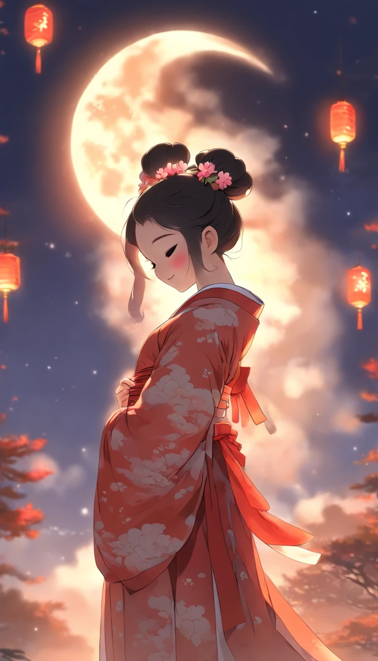 1girll, Moon, hair adornments, full moon, Cloud, sky,Night, Chinese clothes, Solo, Smile, Wide sleeves, Night sky, Long sleeves, flower, hug, hair flower, petals, child, Blush, parted lip, Black hair, Rabbit, Cloudy sky, forehead mark, Black eyes, face markings, updo, Artist name, Animal hugs, Hanfu, hair-bun, , Holding, Outdoors, Short hair, sleeves past wrists