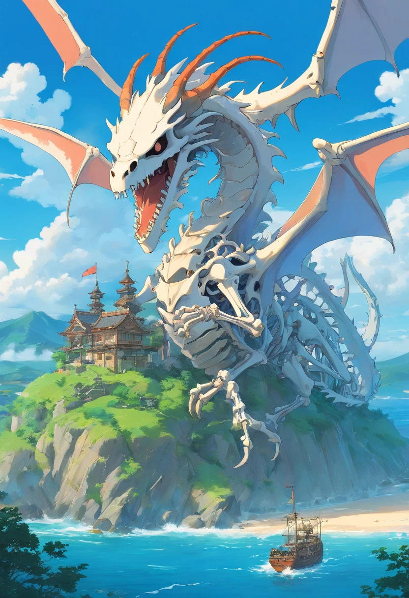 The skeleton of a huge sea beast lies across the island,Huge animal bones,A majestic,spectacular,A flying dragon swoops down the countryside,Overlooking the perspective,HighestQuali,