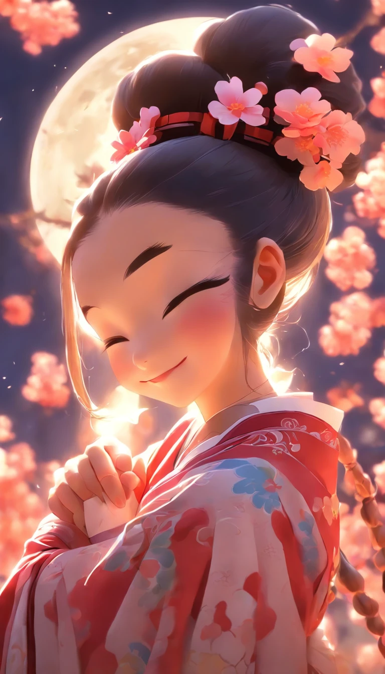 1girll, Moon, hair adornments, full moon, Cloud, sky,Night, Chinese clothes, Solo, Smile, Wide sleeves, Night sky, Long sleeves, flower, hug, hair flower, petals, child, Blush, parted lip, Black hair, Rabbit, Cloudy sky, forehead mark, Black eyes, face markings, updo, Artist name, Animal hugs, Hanfu, hair-bun, , Holding, Outdoors, Short hair, sleeves past wrists